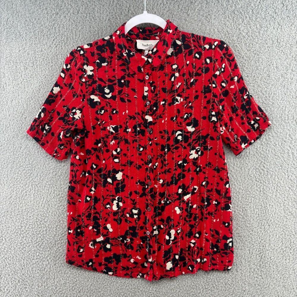 BA&SH Womens Blouse Top Floral Short Sleeve Red Black Size 4 Early Shirt
